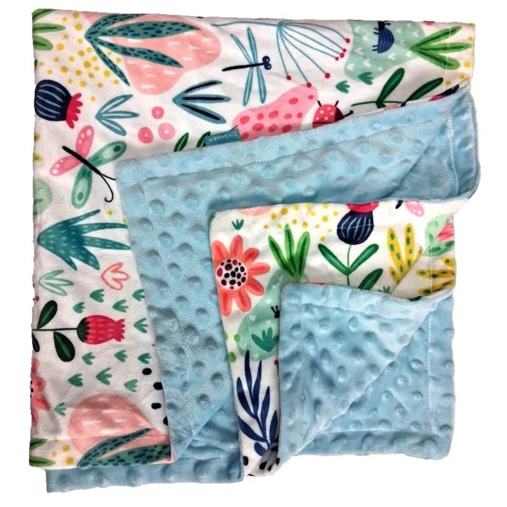 Minky Dot Floral Baby Girl Blanket And Matching Unicorn Security Lovey Blue Soft
